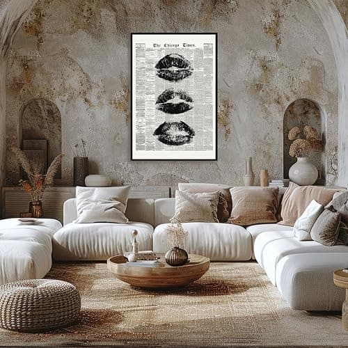 Trendy lips Wall Art Vintage Black And White Newspaper Kiss Posters Retro Canvas Prints Art Funky Girly preppy Apartment for y2k Room Decor Aesthetic 12x18inch black framed thumbnail 5