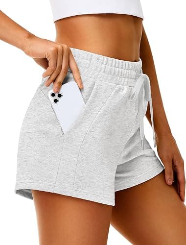 IWD Womens Sweat Shorts Casual Summer Comfy Cotton Shorts Drawstring High Waisted Lounge Shorts with Pockets - White Heather - Small thumbnail 3
