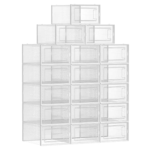 SONGMICS Boîtes à Chaussures, Lot de 18, Rangement Chaussures, Pliable, pour Pointure Jusqu’à 44, Transparent et Blanc LSP18SWT - Image 1