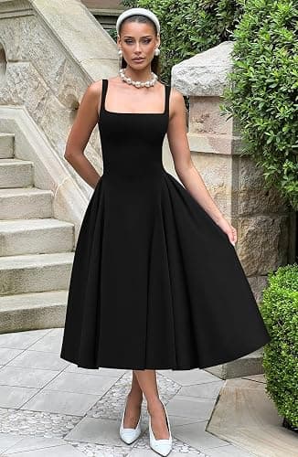 Memoriesea Women's Elegant Square Neck Swing A Line Wedding Evening Party Midi Dress thumbnail 4