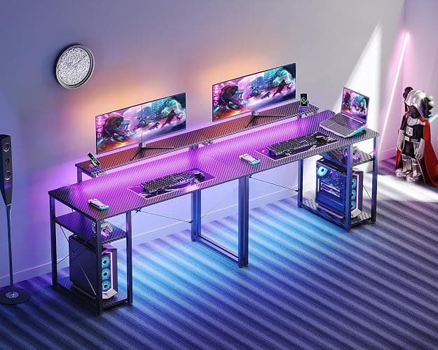 MOTPK 40 Inch Small Gaming Desk with Storage & Led Lights, Computer Desk with Shelf, Reversible Gamer Desk with Adjustable Monitor Stand, Carbon Fiber Texture Black thumbnail 6