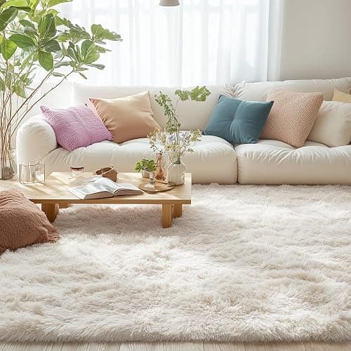 OLANLY Area Rugs for Living Room Bedroom, Machine Washable 4x5.9 ft Soft Fluffy Shaggy Bedside Rug, Indoor Floor Carpet for Kids Girls and Boys, Dorms, Nursery Rooms, Home Decor Aesthetic, Ivory thumbnail 4