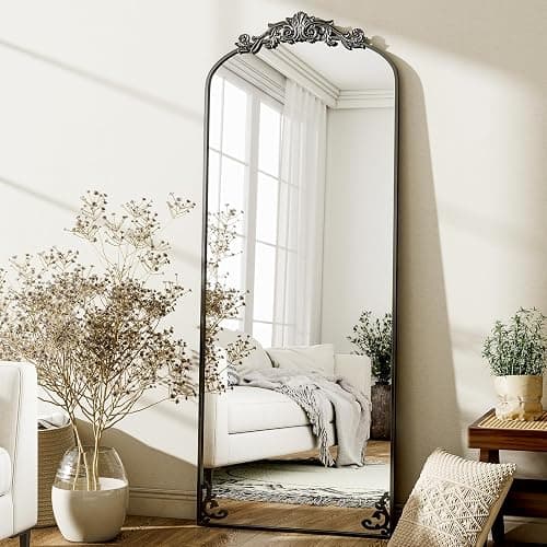 GLSLAND Vintage 64"x 21" Full Length Mirror Large Carved Arched Full Body Mirror with Metal Frame Baroque for Bathroom/Living Room/Entryway,Black - Black-64" X 21" - 64"L x 21"W thumbnail 7