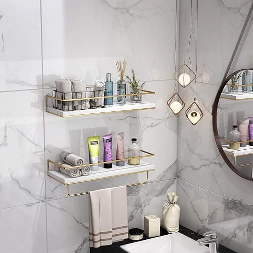Shario White Floating Shelves - Set of 2, Wall Mounted Hanging Shelves with Golden Towel Rack, Decorative Storage Shelves for Bathroom, Kitchen, Living Room & Bedroom (White Gold, 15.7 Inches) | Hanging Shelves, for Bathroom, Kitchen, Living Room, Bedroom thumbnail 2