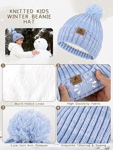 Wenouy Kids Winter Hat Scarf Gloves Set, Toddler Fleece Lined Gloves Warm Knitted Scarf Winter Beanie with Pom for Boys Girls thumbnail 2