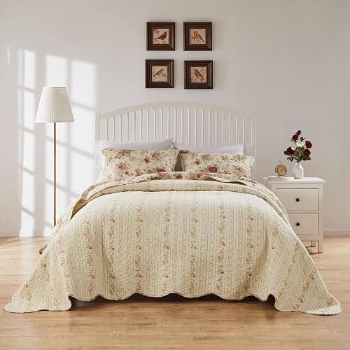Greenland Home Antique Rose Jumbo Oversized 100% Cotton Bedding Set, Bedspread 110 W x 118 L with 2 Shams 20 W x 26 L Each, Queen (3 Piece), Ecru thumbnail 5