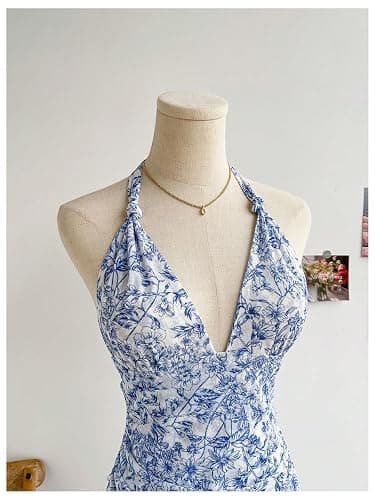 BEAUDRM Women's Y2K Floral Halter Dress Boho Mini Dress Backless Going Out Date Night Summer Vacation Sundress thumbnail 4