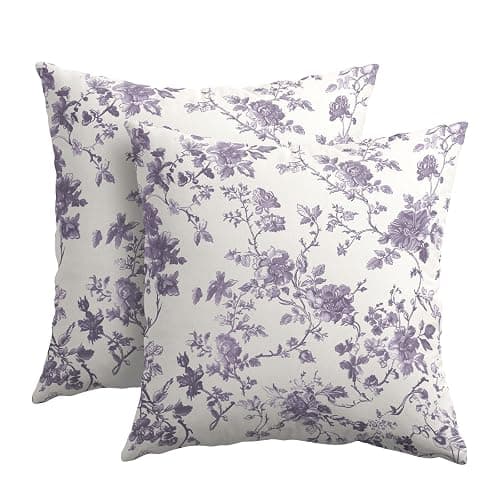 Lavender Purple Floral Pillow Covers 18x18 Inch Set of 2 Purple and Cream Chinoiserie Flower Outdoor Decorative Throw Pillows Vintage Rustic Toile Pillowcases Cushion Covers for Couch Home Decor - Image 1