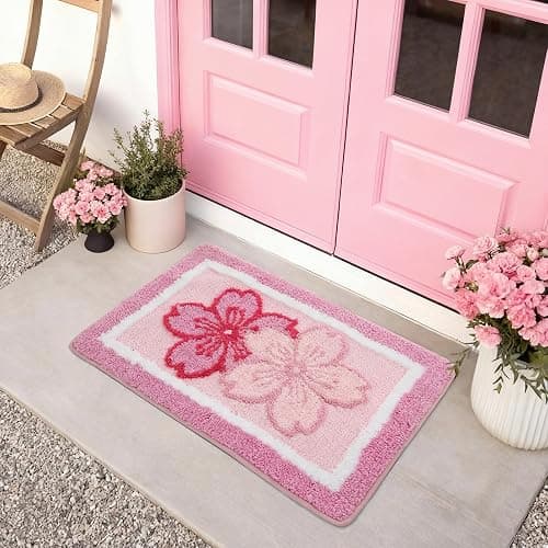 Boao Cherry Bath Mat Blossom Pink Flower Tufted Bathroom Rug Non Slip Soft Absorbent Tufted Cute Cherry Bathroom Accessories Decor for Bedroom Kitchen Floor Tub Shower Sink, 24 x 16 Inches thumbnail 5