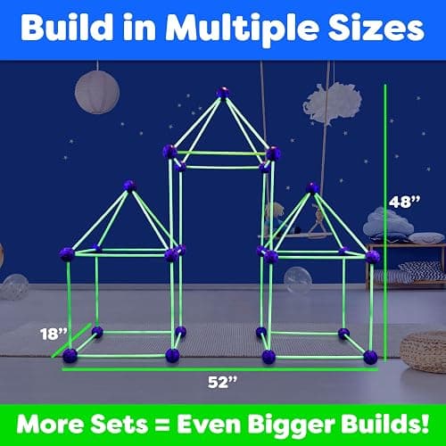 Fun Forts Glow Fort Building Kit for Kids - 81 Pack Glow in The Dark STEM Building Toys Indoor Outdoor Play Tent for Kids Construction Toys with 53 Rods and 28 Spheres thumbnail 2