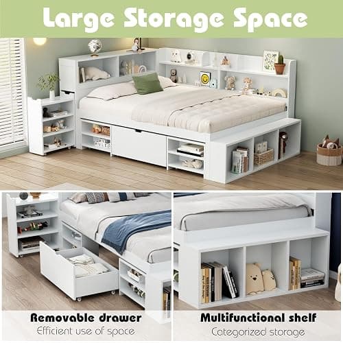 Merax Stylish Single Bed, 3FT Bed Frame with Drawers, Bookcase and Storage Cupboard, Multifunctional Wooden Single Bed Frame with Storage, Children's Bed, Slatted Frame, White, 90x190cm thumbnail 4