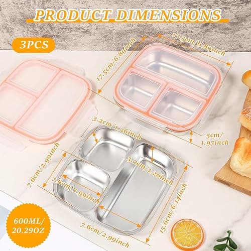 3 Stück Snackbox,Edelstahl Snack-Behälter mit 3 Fächern und Kunststoff-Deckel,17,5×17,5×5 cm,Stapelbar Lebensmittel Lagerung Brotzeit Behälter,Tragbare Snack-Platten für Schule,Arbeit und Reise thumbnail 2