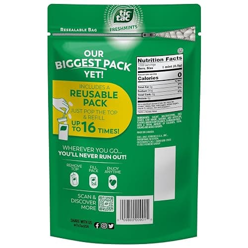 Tic Tac Freshmint Breath Mints, Bulk Resealable Refill Bag, On-the-Go Refreshment, Stocking Stuffer, Includes Empty Refillable Pack, 17.2 oz thumbnail 10