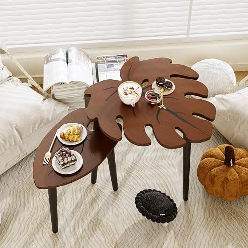 BAMEOS Monstera Leaf Nesting Tables Set of 2, Small Coffee Table Set with Leaf Vein Pattern, Modern Wooden Side Tables for Living Room Bedroom Apartment Balcony Yard thumbnail 5