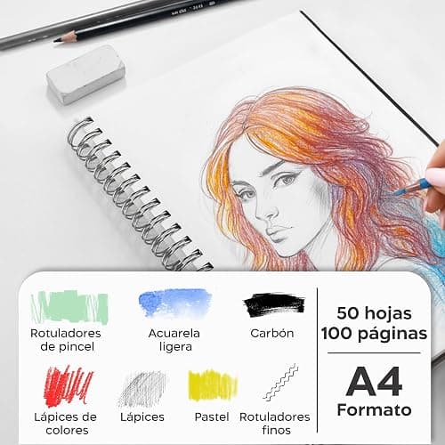 Zenacolor Sketchbook A5, Cuaderno de Dibujo 50 hojas/100 páginas, 200 g/m² de papel muy grueso - Bloc de Dibujo con Tapa Dura y espiral para Niños, Profesionales, Dibujar y Hacer Bocetos | Tapa dura · Encuadernación en espiral · Bloc de bocetos · Sin impresión · Páginas separables · Lápiz · Carbón · Pastel thumbnail 3