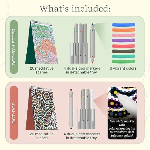 Lifelines FlowArt Activity Pads, 4-Pack - Guided Art Meditations with 4 Sets of Markers & 80 Scenes - Color by Number/Letter, Dot Art, More Coloring Books for Tweens, Adults & Seniors - Patent-Pending thumbnail 3