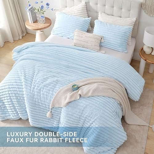 Smoofy Fluffy Queen Size Comforter 3 PCS - Light Blue Fleece Bedding Set | Luxury Fuzzy Plush & Super Soft Bed Set All Season, Heavy Cozy Warm Faux Fur Stripe Comforter with 2 Pillow Cases thumbnail 4