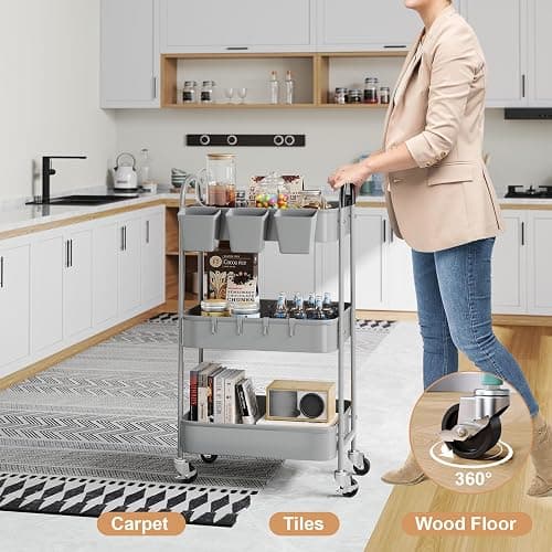3 Tier Gray Metal Rolling Cart, Mesh Storage Cart with Handle and Lockable Wheels, Multifunctional Three Tiered Utility Organizer Carts for Kitchen, Office, Bathroom, Craft, Art, Snack, Baby Supplies thumbnail 4