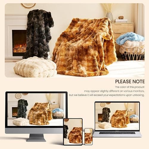 L'AGRATY Faux Rabbit Fur Blanket: 50" x 60" Luxury Soft Fluffy Thick Fur Throw Blanket for Couch Bed Sofa - Cozy Plush Bubble Blankets for Winter: Warm Flannel Fleece Decorative Blanket(Almond White) thumbnail 8