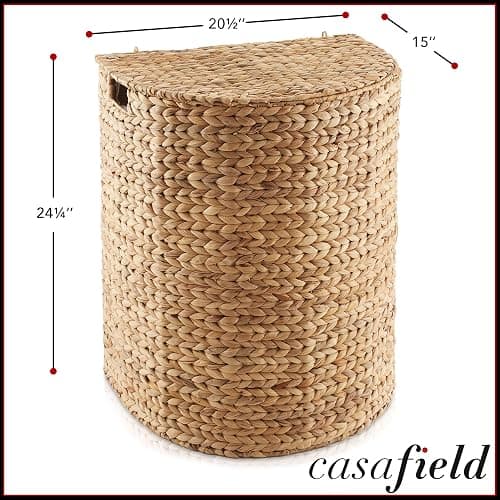 Casafield Half Moon Laundry Hamper with Lid and Removable Liner Bag - Natural, Woven Water Hyacinth Laundry Basket for Clothes and Towels thumbnail 2