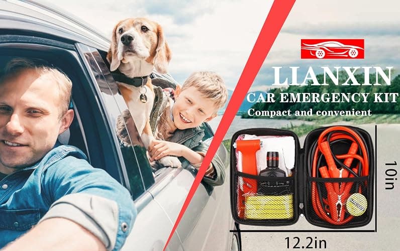 LIANXIN Car Roadside Emergency Kit, with Jumper Cables Automotive Kit,Car Safety Roadside Assistance Kit Headlamp,Tow Straps, Safety Hammers, Rainwear, Gloves.Black thumbnail 7
