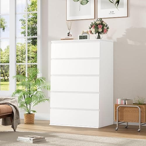 FOTOSOK White Dresser, 5 Drawer Dresser Tall White Dresser with Large Storage Space, Modern Storage Chest of Drawers, 23.6L x 17.6W x 39.1H Inch Storage Organizer Cabinet for Home, White thumbnail 5