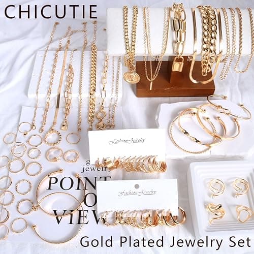 CHICUTIE Gold Jewelry Set For Women,14k Gold Plated Multi Layer Necklaces Bracelets Hoop Earrings Set Stackable Knuckle Rings, Trendy Elegance Charms Non Tarnish Minimalist Textured Boho Jewelry Gift thumbnail 7
