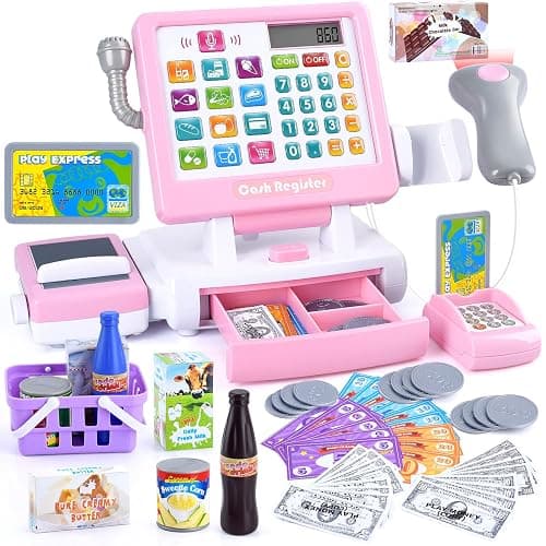 PLAY Kids Cash Register Toy - Pretend Play Calculator Register Toys with Microphone/Conveyors/Play Money/Scanner/Credit Card/Cans/Drink, 3+ Toddler Develops Early Math Skills Learning Toys - Image 1