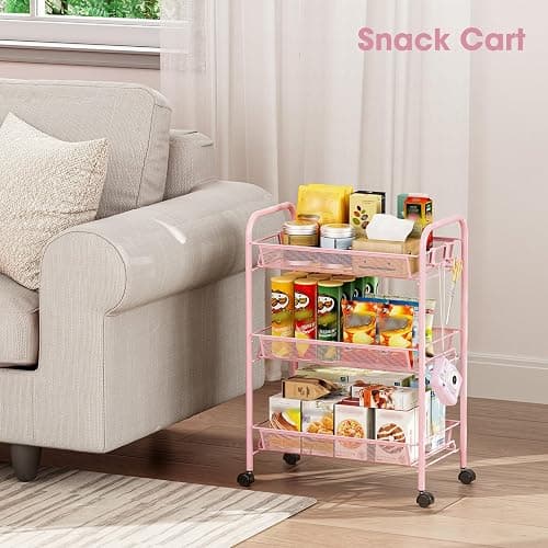 TOOLF 3 Tier Rolling Cart, Metal Utility Storage Cart with Wheels, Pink | 3 Hooks, Screwless Assembly, Trolley Organizer for Bathroom, Kitchen, Office, Nursery, Dorm, Laundry Room thumbnail 7