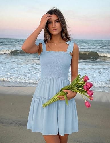 ZESICA Womens Summer Spaghetti Strap Sleeveless Mini Dress | Square Neck, Ruffle Hem, A-Line, Flowy Swing Dress, Sun Dress, Wedding Guest Short Dress thumbnail 3