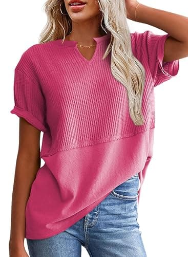 SHEWIN Womens Casual V Neck Waffle Knit Tops Short Sleeve T Shirts Loose Blouses - Image 1