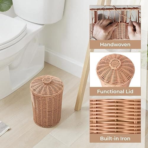 GRANNY SAYS Wicker Small Bathroom Trash Can with Lid, 2 Gallon Cute Decorative Waste Basket for Bedroom and Dorm, Office Garbage Cans for Under Desk, Mini Round Trash Bin for Decor, Nude Color thumbnail 4