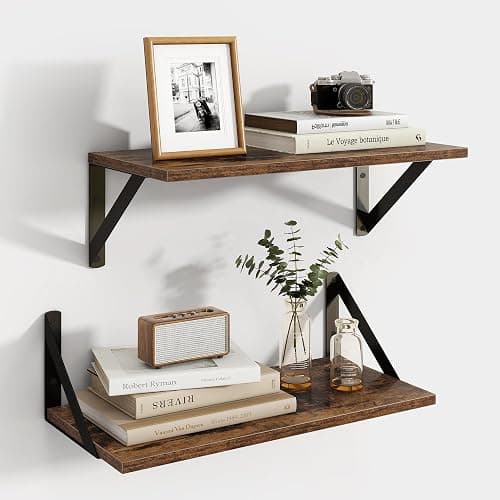 Axeman Floating Shelves for Wall, 8 Inch Deep Brown Wall Shelves Set of 2, 16''W x 8''D Rustic Brown Wood Shelves for Bookshelf Living Room Bedroom Home Office Bathroom - Image 1