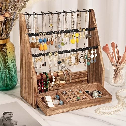 DGWJSU Jewelry Organizer Stand, 5 Layer Earring Holder Organizer with Necklace Holder, Rustic Wood Earring Organizer Display for Stud Earring Bracelet Necklace Ring, Watches thumbnail 2