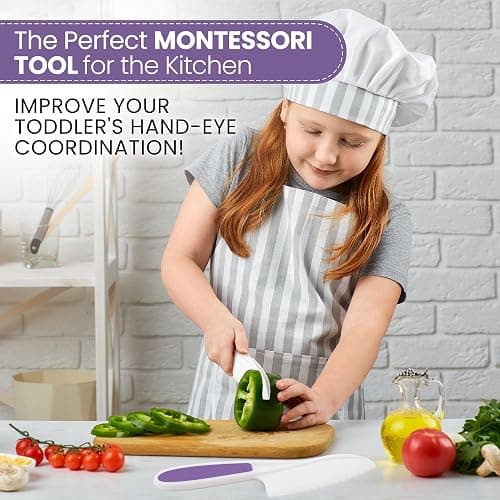 Zulay 3-Piece Kids Knife Set for Real Cooking & Baking - Toddler Knives for Cutting Fruits, Veggies, & Cake - Children’s Montessori Knife with Serrated Edges - Safe & Fun Lettuce Knife (Purple) thumbnail 2
