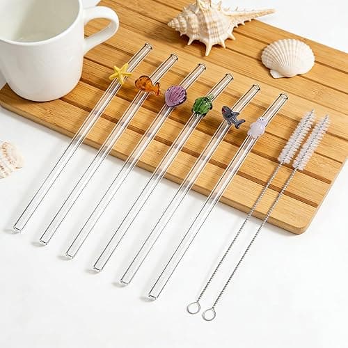 Reusable Glass Straws Set, Clear Glass Drinking Straws with Cleaning Brush, Perfect for Smoothies, Coffee, Juice, Tea, Milk, Cocktails (Sea Animals) thumbnail 4
