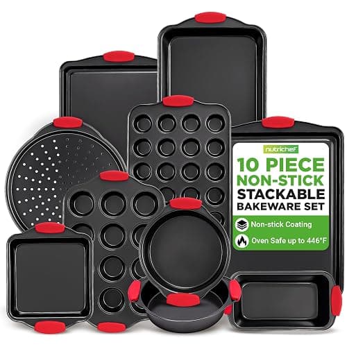 NutriChef 10-Piece Nonstick Kitchen Oven Baking Pans - Premium & Stylish Non-Stick Carbon Steel - Commercial Grade Restaurant Quality Metal Bakeware with Silicone Handles - Easy to Clean, NCSBS10S - Image 1