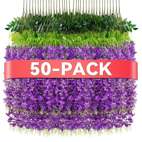 Alotiki Purple Wisteria Hanging Flowers, 50 Pack Fake Hanging Flowers | Artificial Flowers for Outdoors, Fake Flowers Garland for Backdrop, Home Garden Wedding Decor, Wisteria Garland Wedding Arch - Image 1