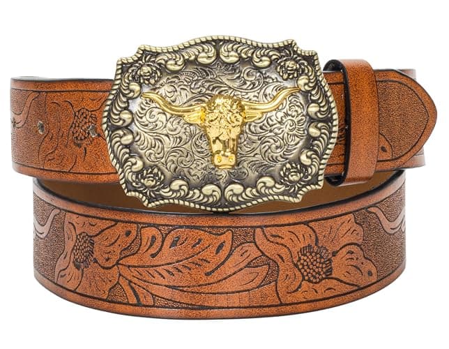 HinyBoeh Western-PU-Leather-Belts for Men and Women Cowboy-Cowgirl Longhorn-Bull-Pattern-Engraved-Buckle-Belt for Unisex - Image 1