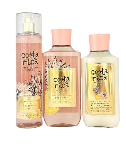PINK PINEAPPLE SUNRISE COSTA RICA 3 pcs bundle gift set fine fragrance mist 8 fl oz daily nourishing body loiton 8 fl oz body wash 10 fl oz from bath and body (Packaging Varies) - Image 1