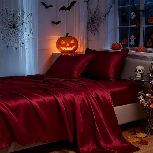 MR&HM Satin Bed Sheets, Queen Size Sheets Set, 4 Pcs Silky Bedding Set with 15 Inches Deep Pocket for Mattress (Queen, Burgundy) thumbnail 2