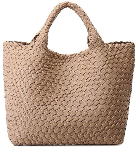 Woven Bag for Women, Vegan Leather Tote Bag Large Summer Beach Travel Handbag and Purse Retro Handmade Shoulder Bag - Apricot - Image 1