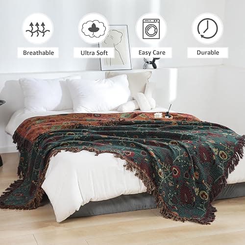 Boho Throw Blanket for Bed 100% Cotton Ultra Soft Rustic Quilt Farmhouse Decor Bed Fall Blanket,All Season Rustic Throw for Sofa Couch Chair (Flower-Dark Green, 60"×80") thumbnail 3