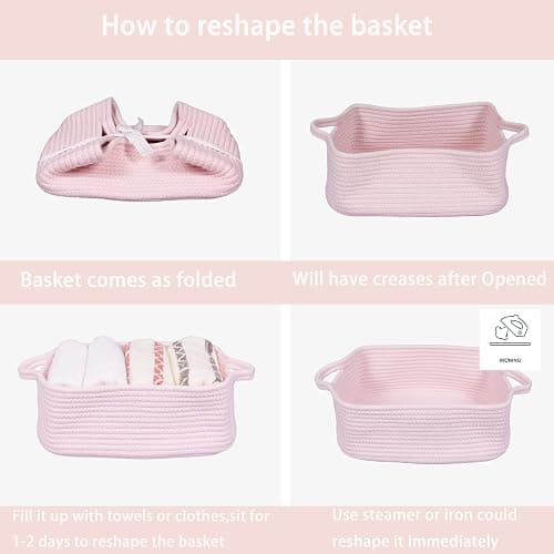 Woven Cotton Rope Storage Basket with Handles for Organizing Shelves Closet Small Cat Dog Pet Toy Baskets Box Bin Decorative Rectangle Baby Nursery basket Gift Basket Empty Light pink thumbnail 7