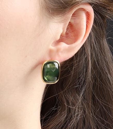M.DUN- Round Edges Rectangle Shape Studs Earring. Abalone Amber Turquoise Resin Stone Design, 18k Real Gold Plated Bezel, Hypoallergenic Gorgeous Gift for Women thumbnail 3