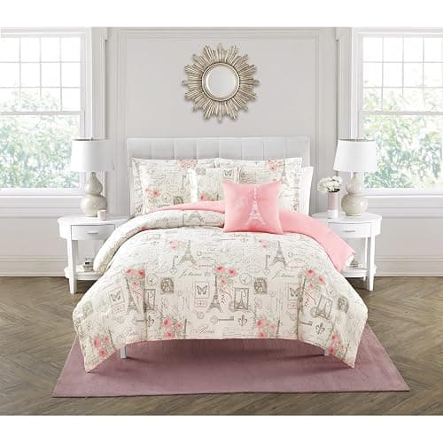 City of Romance 5-Piece Comforter Set, Super Soft, Paris decor for bedroom, Eiffel Towers, Watercolor Floral Bouquets, Butterflies, Reversible Bedding, French Country Pattern, Pink/White, Queen thumbnail 2