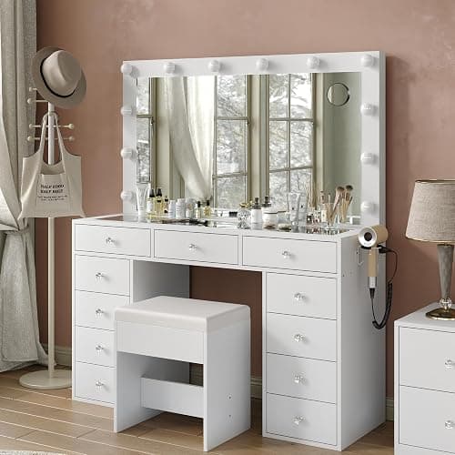 11 Drawers Vanity Desk with Power Outlet, Makeup Vanity with Mirror and 12 LED Lights, 3 Lighting Modes, Vanity Set, Glass Top, Dressing Table for Bedroom,Dressing Room, White thumbnail 3