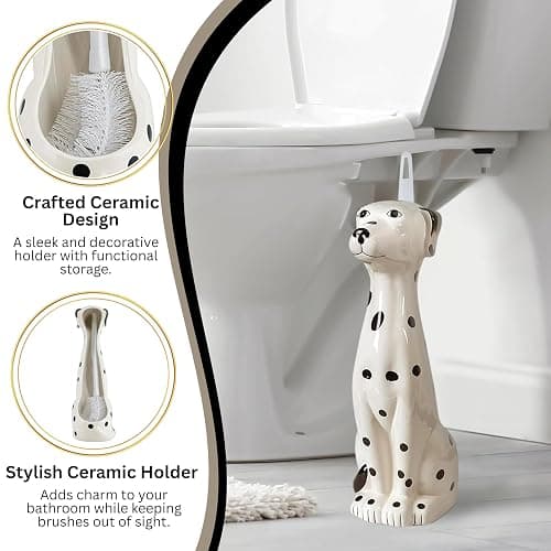Allure Home Creation Dalmatian Dog White & Black 2-Piece Ceramic Toilet Brush Holder w/White Plastic Handled Scrub Brush, 9.4” x 5.3” x 16.7” thumbnail 9