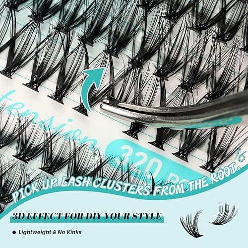 Lash Clusters Kit 320Pcs,DIY Individual Lashes Extension Kit,Lash Bond And Seal,Lash Remover For Eyelashes Extensions,Lash Applicator Tool For False Eyelash Cluster Kit At Home(3040D,D-Mix9-16mm Kit) thumbnail 4