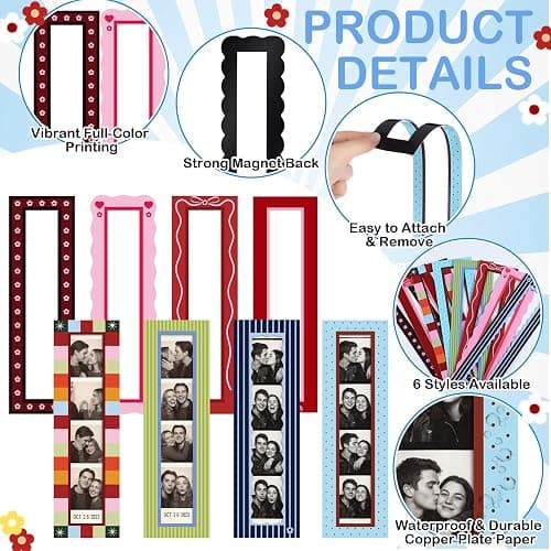 Tellegloww 8 Pcs Magnetic Photo Booth Strip Frame, Lovely, 1.5 x 8 in | Vertical Holders for Fridge, Colorful Vintage Design Fits Strips, Refrigerator Decor, Display Photobooth Memories Easily thumbnail 4